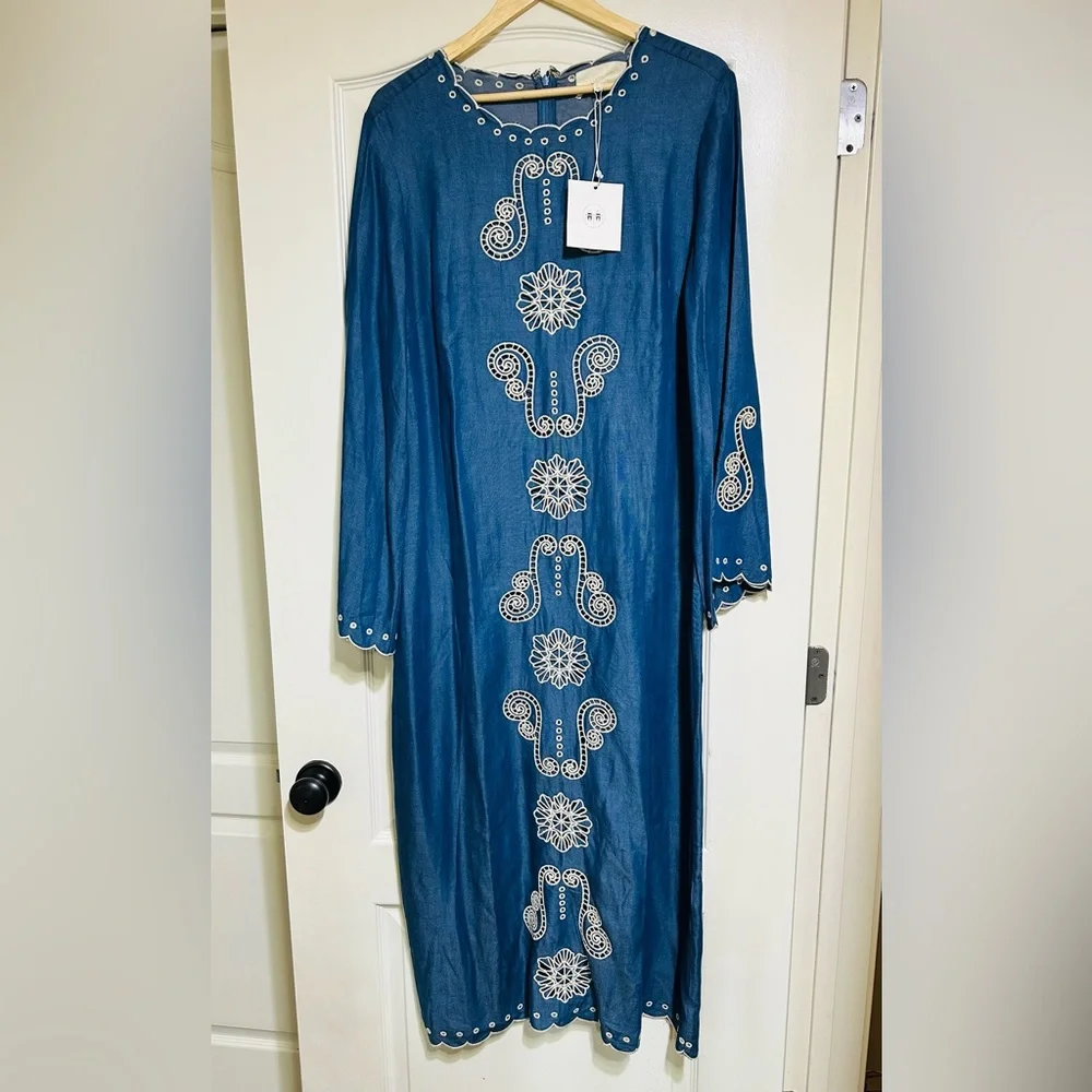 LOVE! NWT Tuckernuck Caroline K Blue Chambray Scalloped Dress Sz Large 8 10 12 - Picture 4 of 5